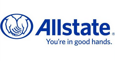 Logo of Allstate company including a slogan saying that you are in good hands and a picture of two hands imitating heart in the circle shape