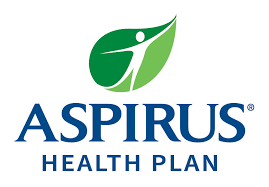 Aspirus Health Plan logo including the name and a picture of a green leaf with a shape of human inside