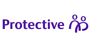 Logo of Protective Insurance company including the name and shapes of two people together in purple color